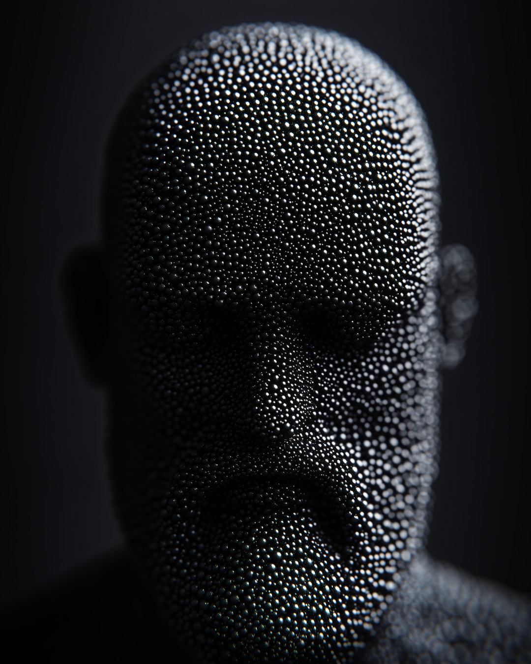 Man made out of round beads; dark and moody atmosphere; photographic style