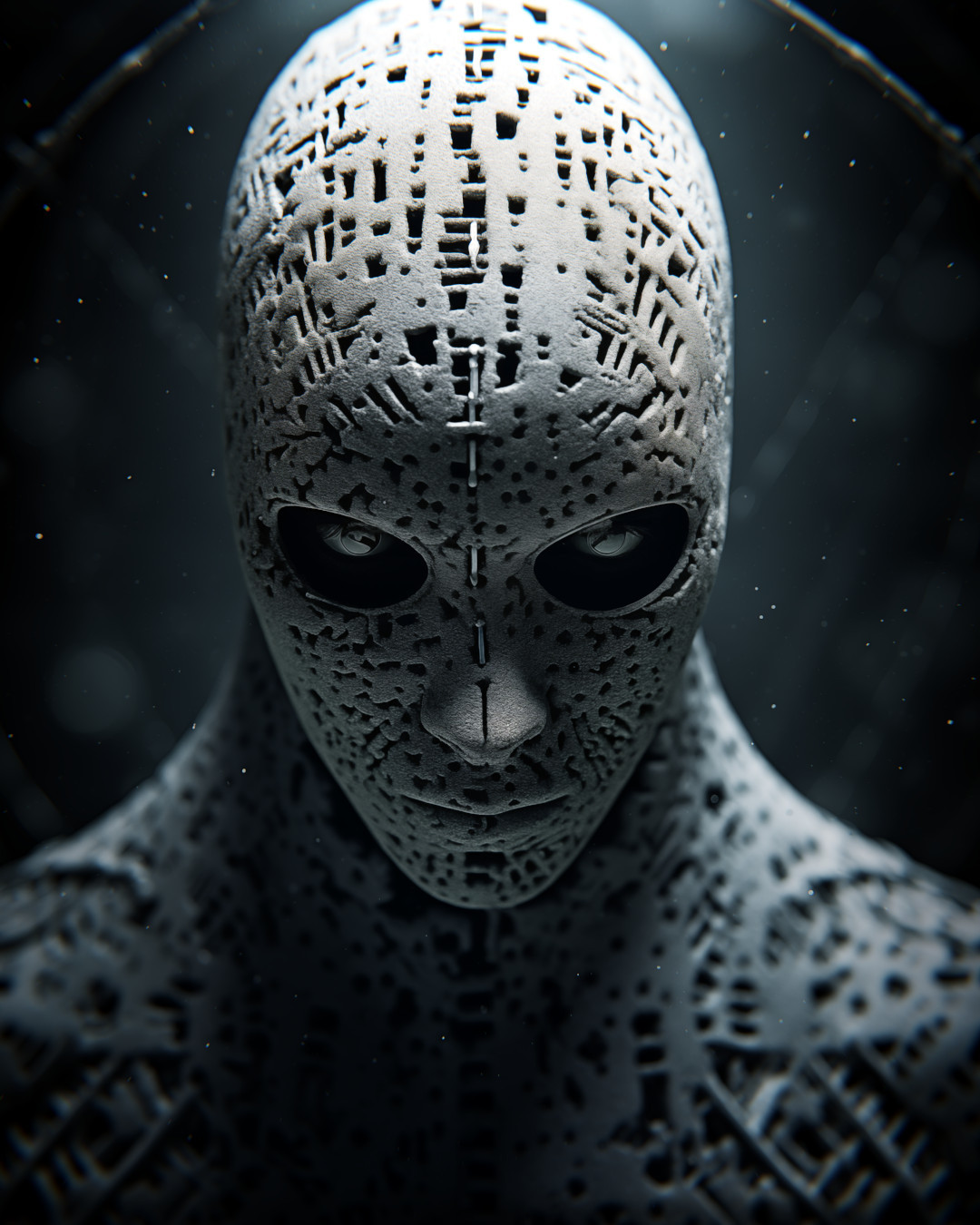 Alien man, futuristic fragmentation, dark silver