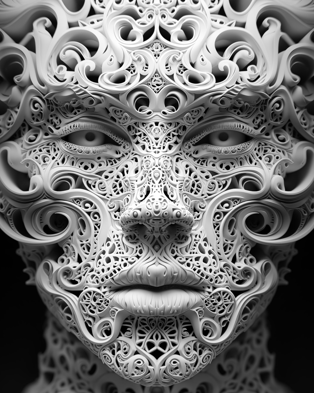 Head sculpture, intricate patterns and details, dark white