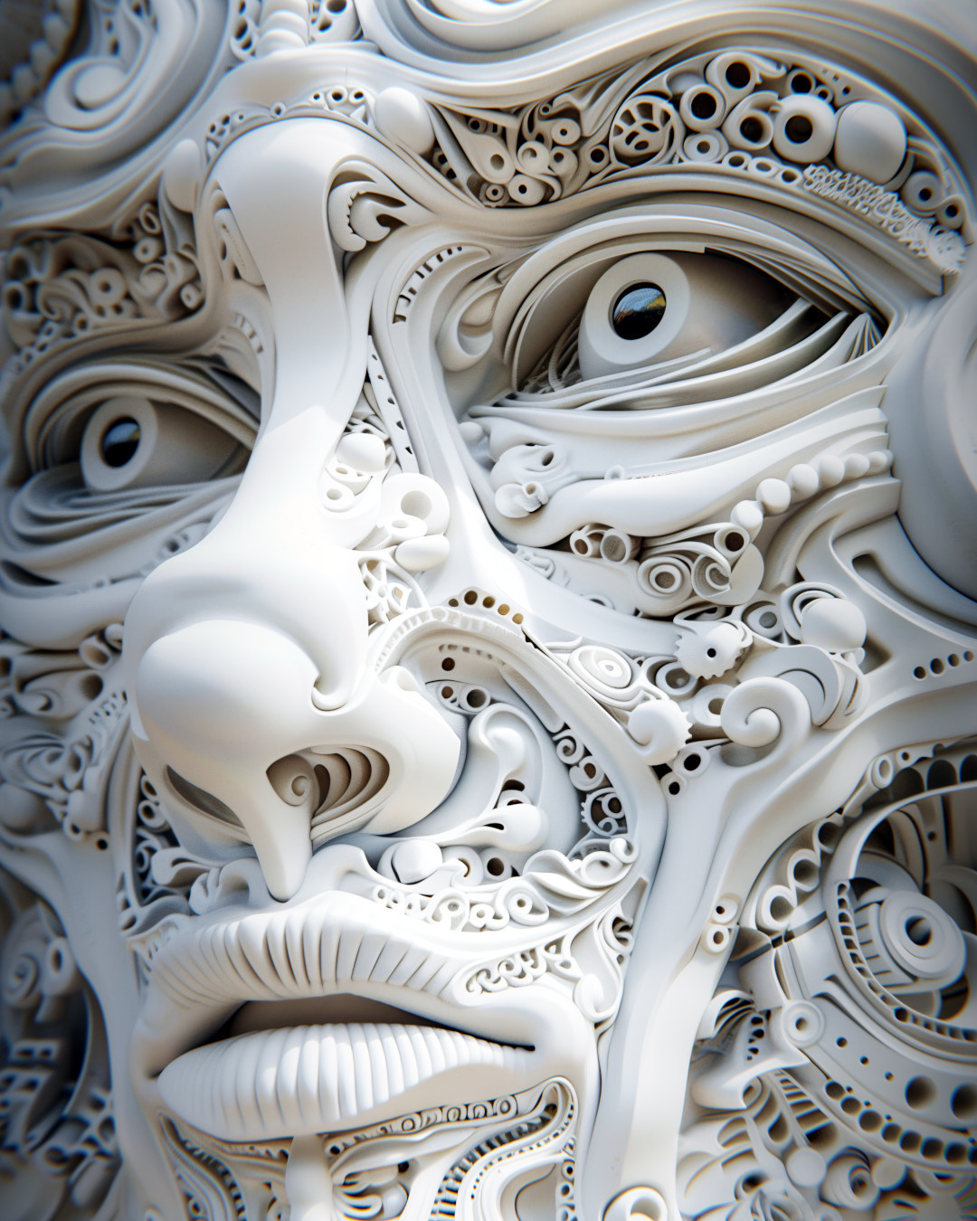 Intricate face, complex patterns, white sculpture