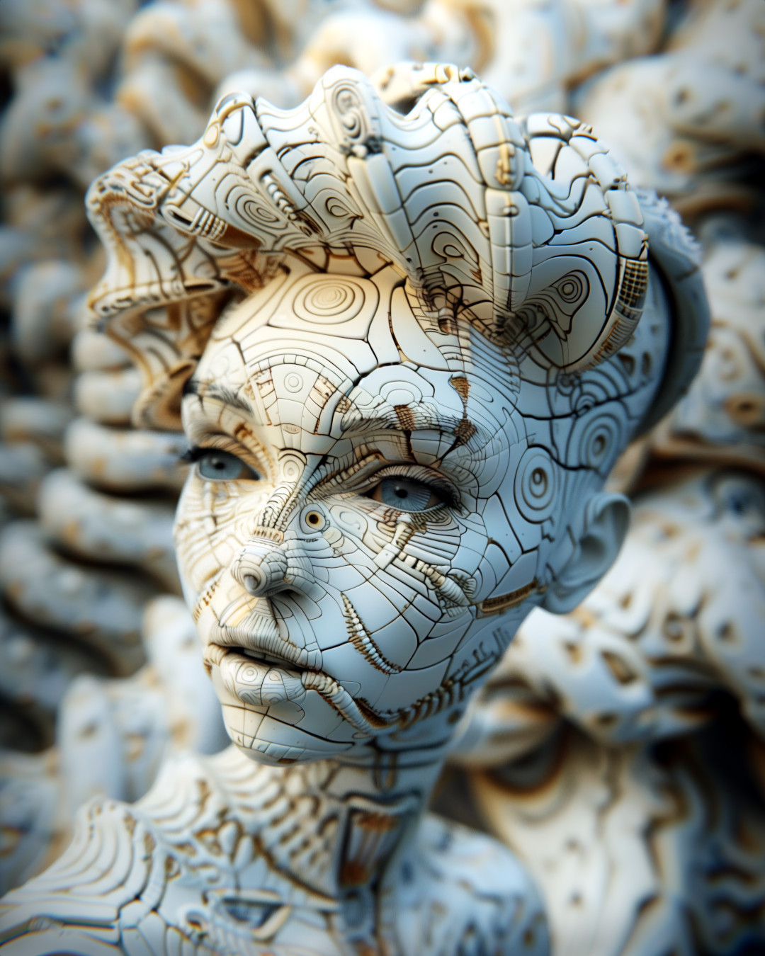 Complex facial lines, ceramic art, photorealistic fantasy