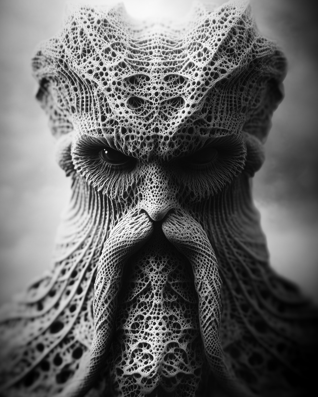 Alien creature; intricate lace; black and white photography