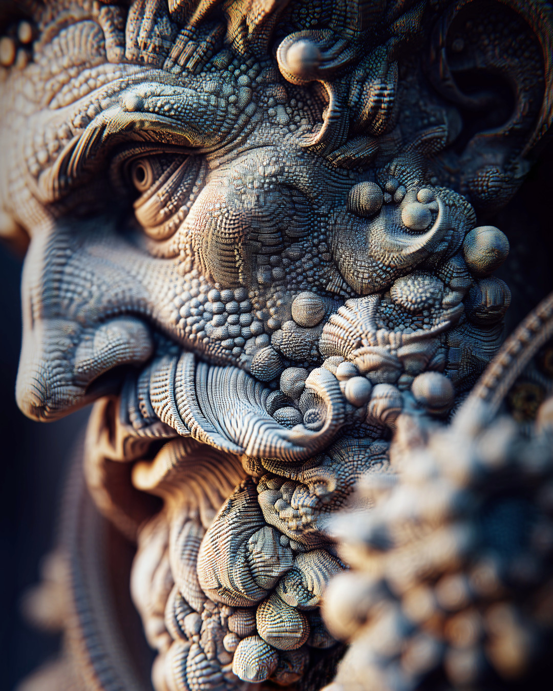 Intricately textured sculpture; ancient male face; dramatic lighting