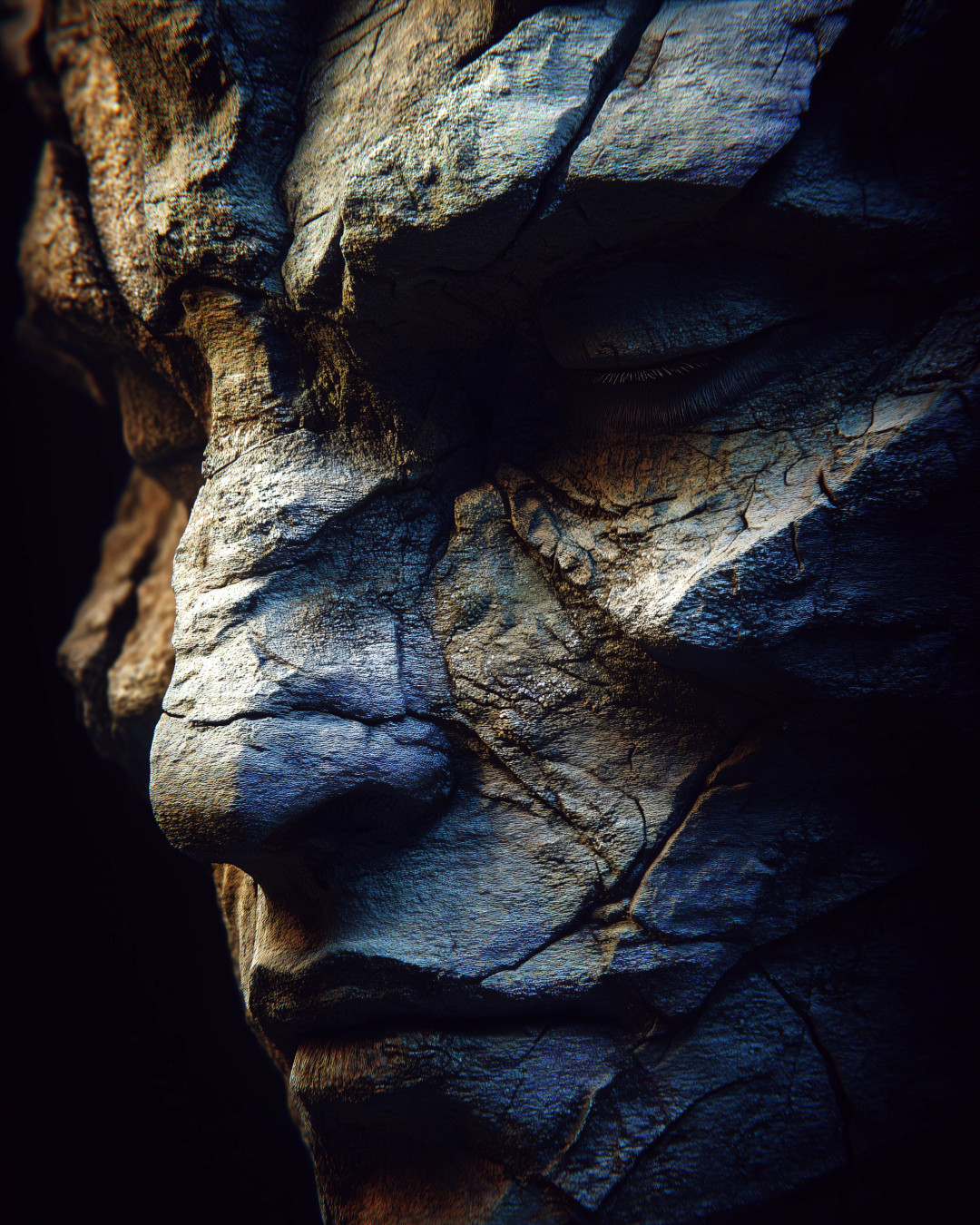 Stone face profile; cracked texture; dramatic lighting