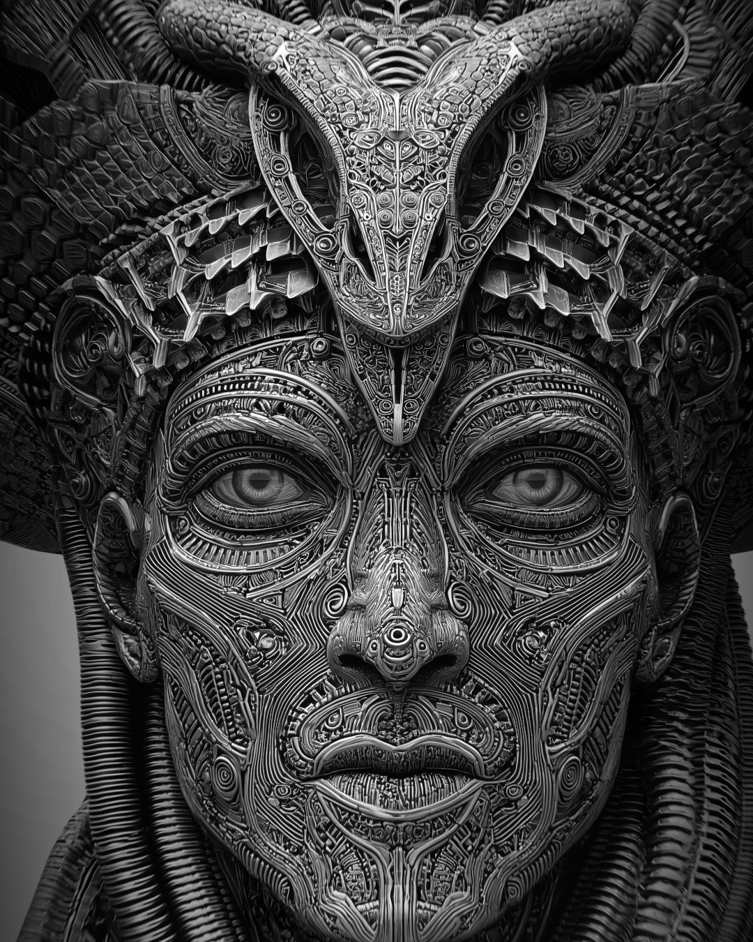 Intricate deity portrait; biomechanical patterns; monochrome