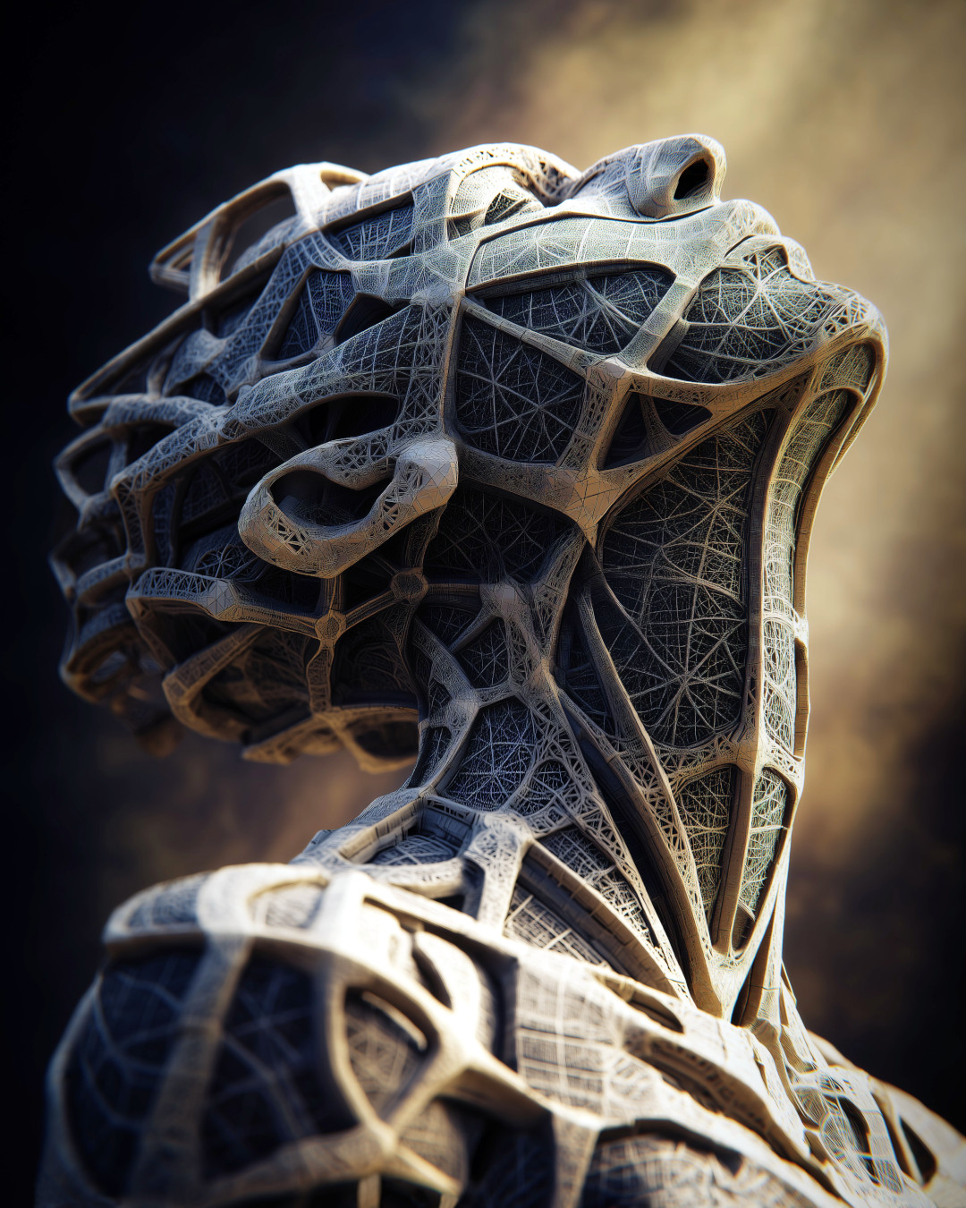 Sculptural humanoid figure; intricate web-like structure; dramatic lighting