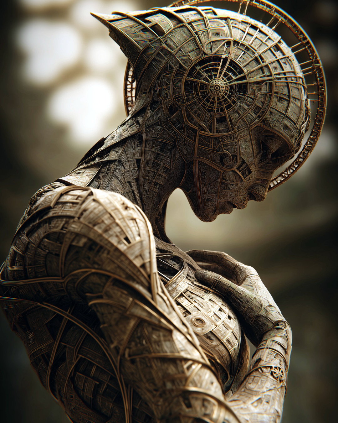 Humanoid figure with intricate organic details; elaborate clockwork-like headpiece and textured body; contemplative profile with soft, natural lighting