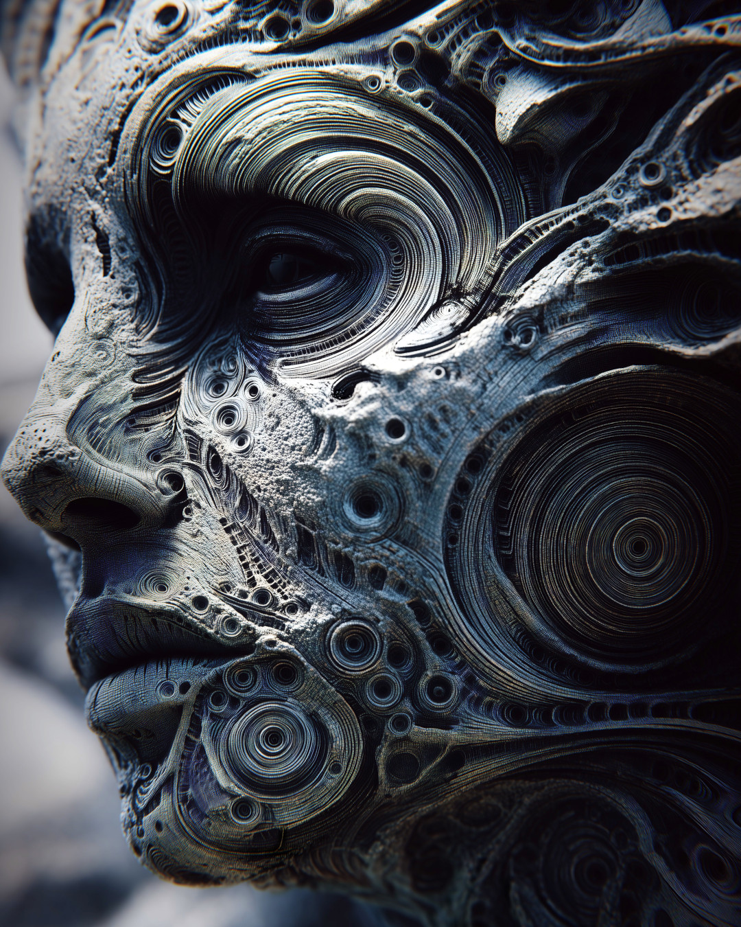 Intricately textured face sculpture; layered swirls and circular patterns; close-up profile view
