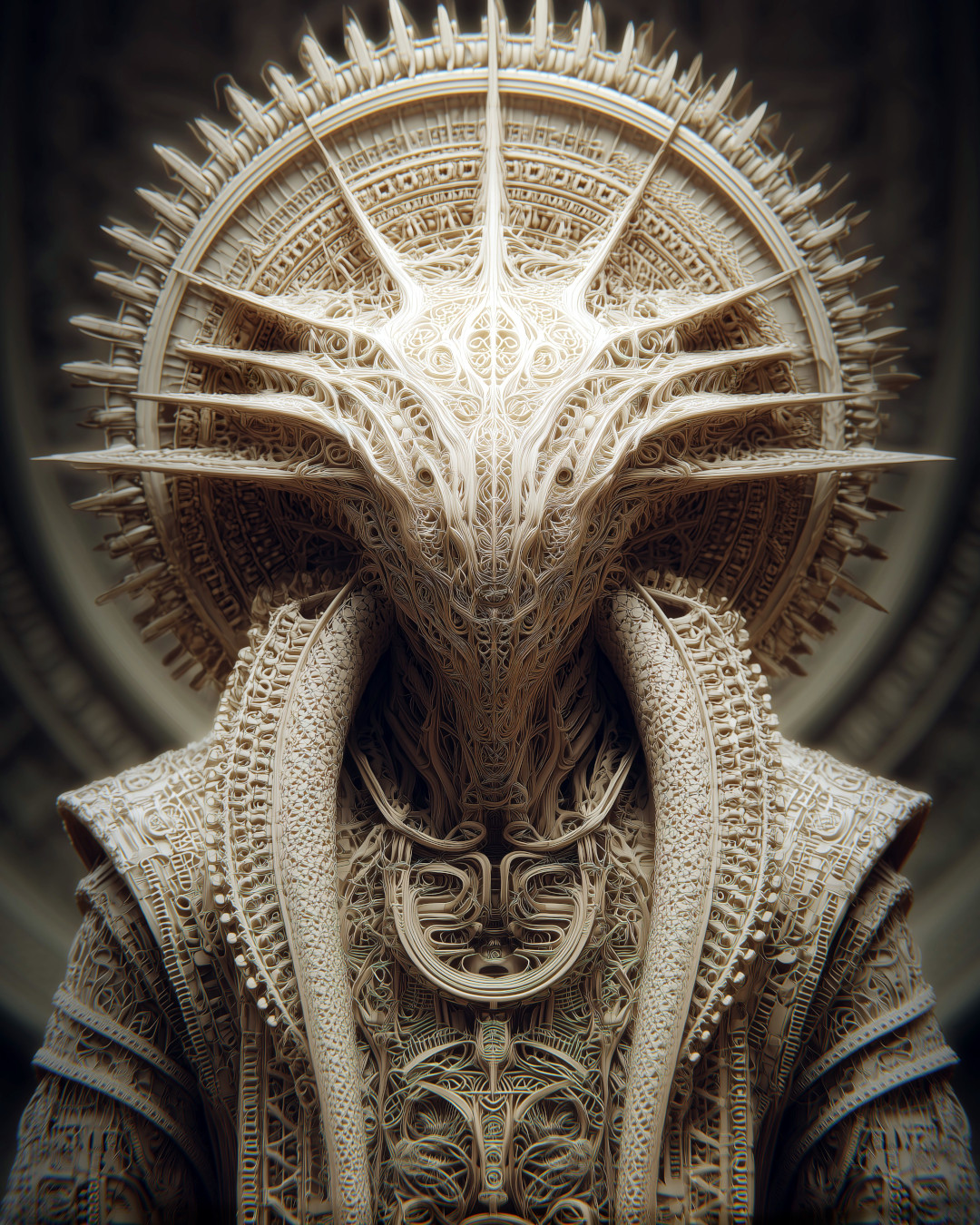 Intricate alien deity sculpture; highly detailed monochromatic texture; ornate radiating headdress