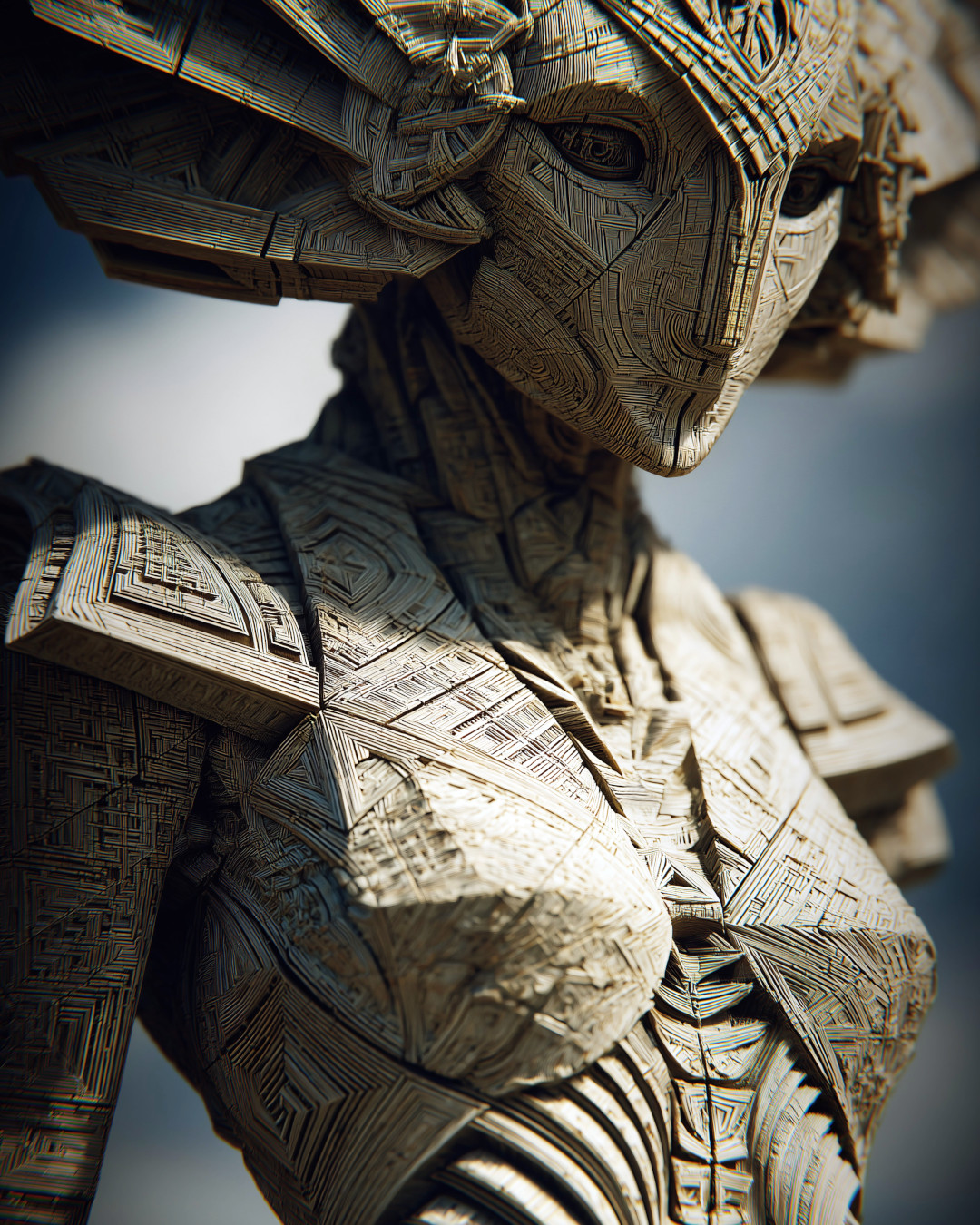 Futuristic humanoid sculpture; intricate geometric layered patterns; monochromatic color scheme