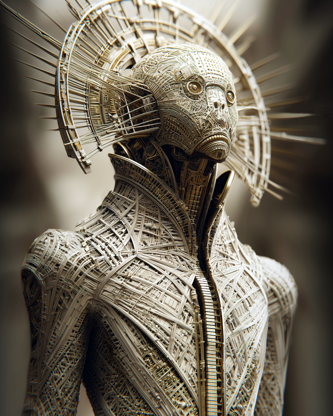 Intricate humanoid figure; woven metallic construction; prominent radiating headdress