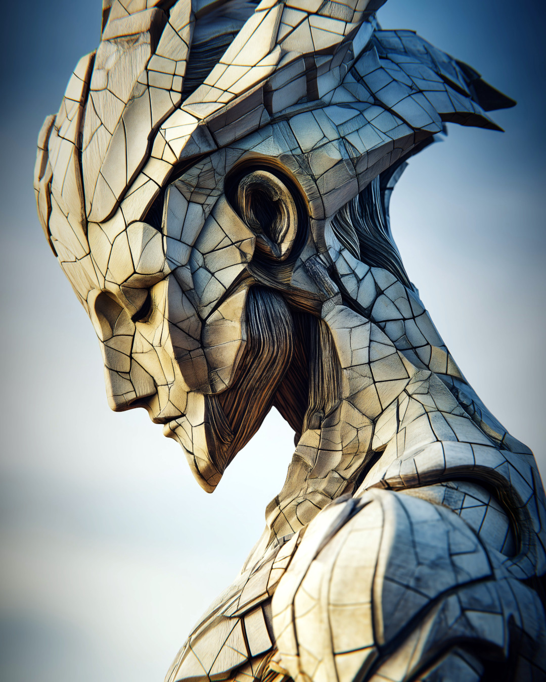 Segmented humanoid figure in profile; textured, stone-like surface; muted colors and dramatic lighting