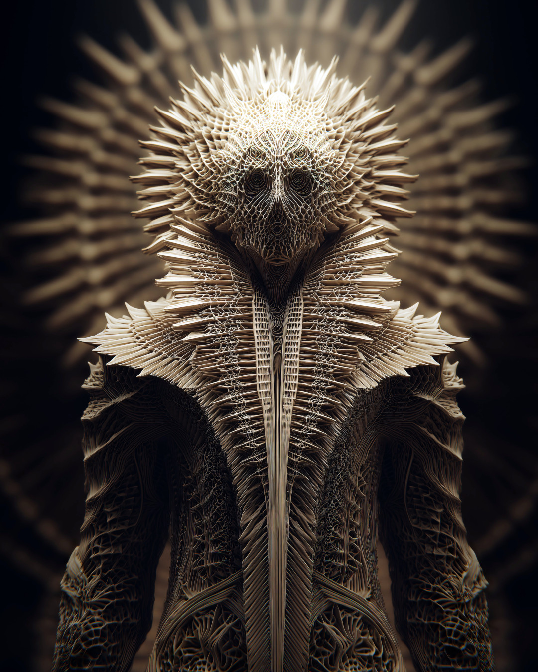 Spiky humanoid entity; intricate layered symmetrical patterns; dramatic illumination