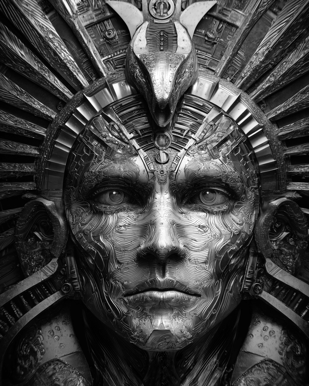 Elaborate metallic face and headdress; Intricate symmetrical design; Monochromatic with animalistic crest