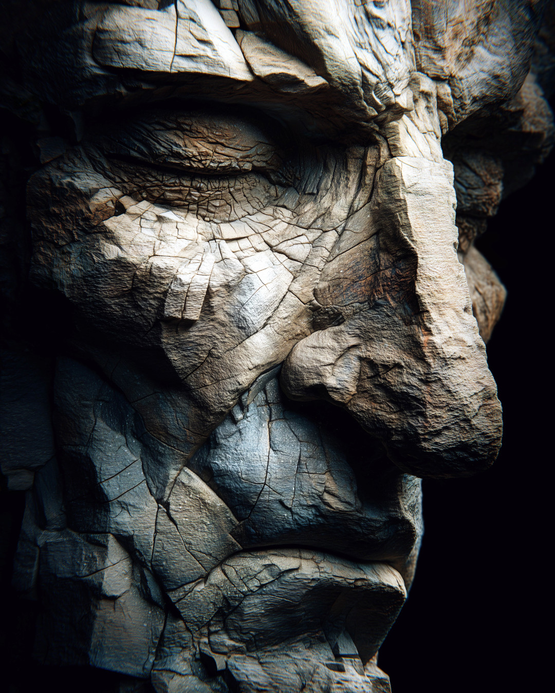 Stone face; textured surface; dramatic lighting