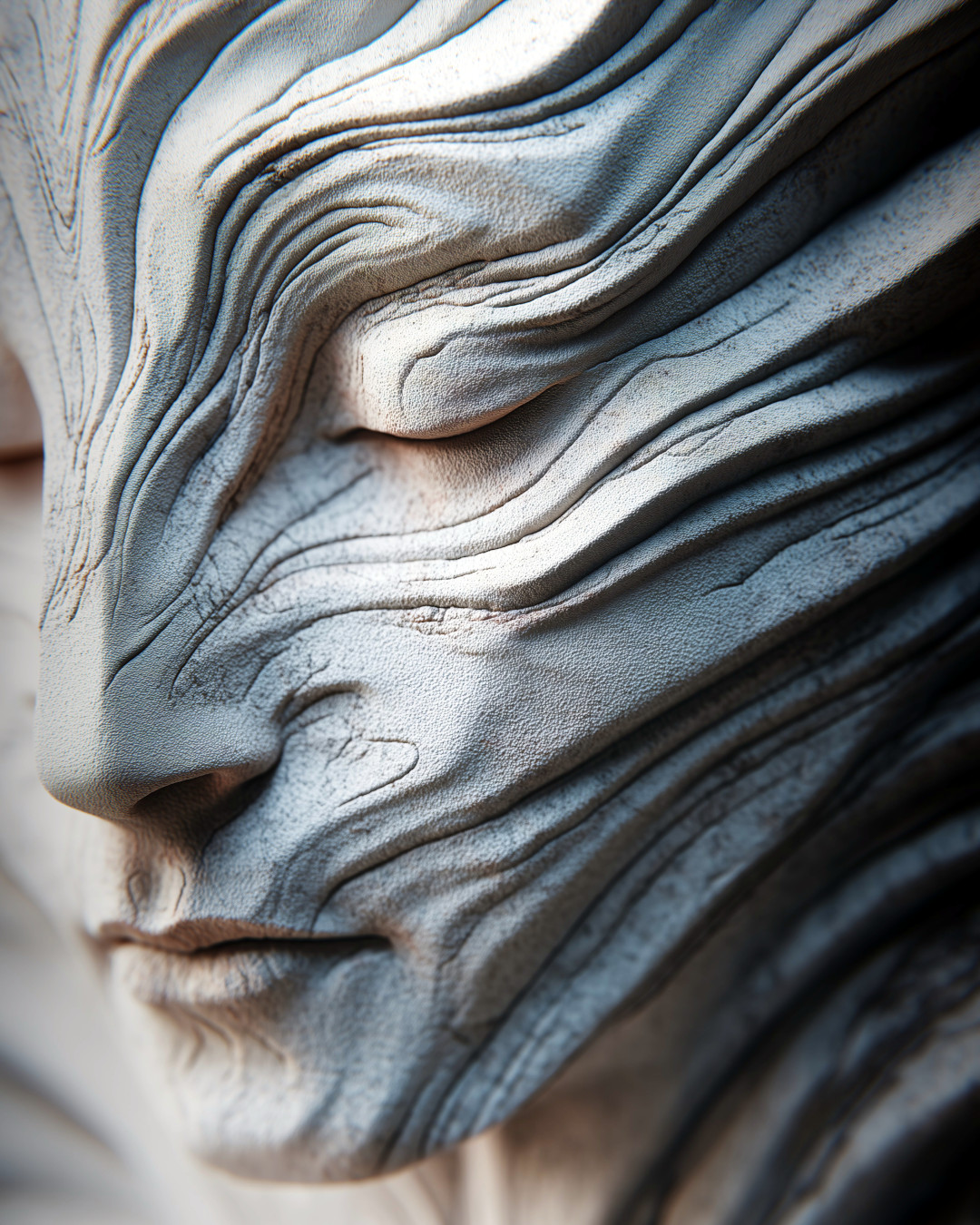 Sculptural face with layered texture; abstract portrait style; intricate swirling lines