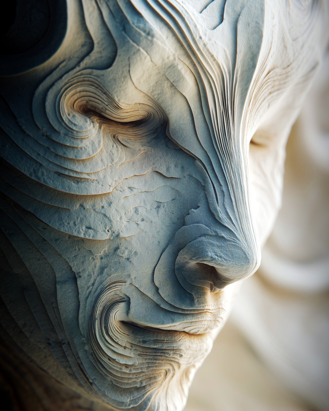 Layered face sculpture; profile view; subtle tones