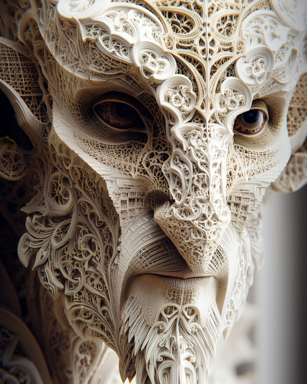 Creature face constructed from intricate paper layers; detailed philographic art style; monochromatic cream color
