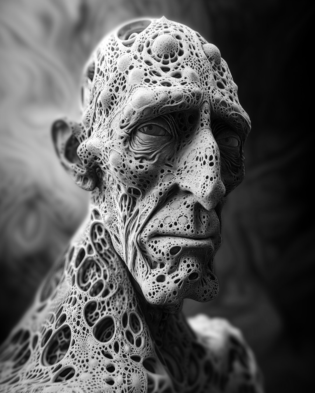 Old man, distorted organic formations, monochrome