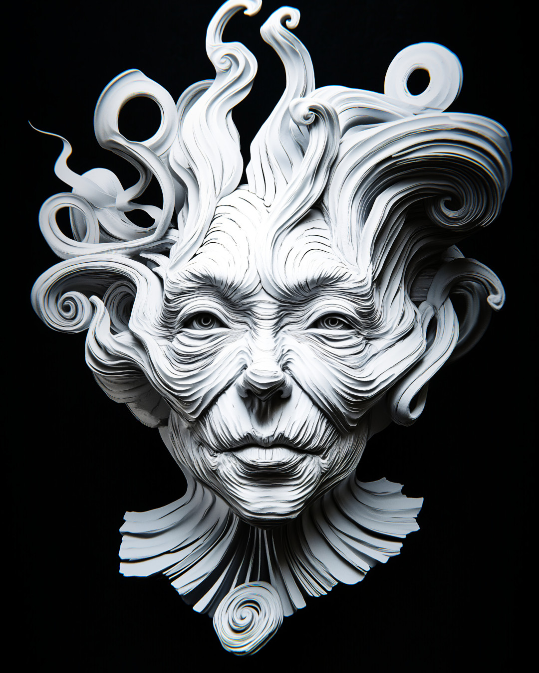 Elderly woman's head; spirals and curls; surrealistic style