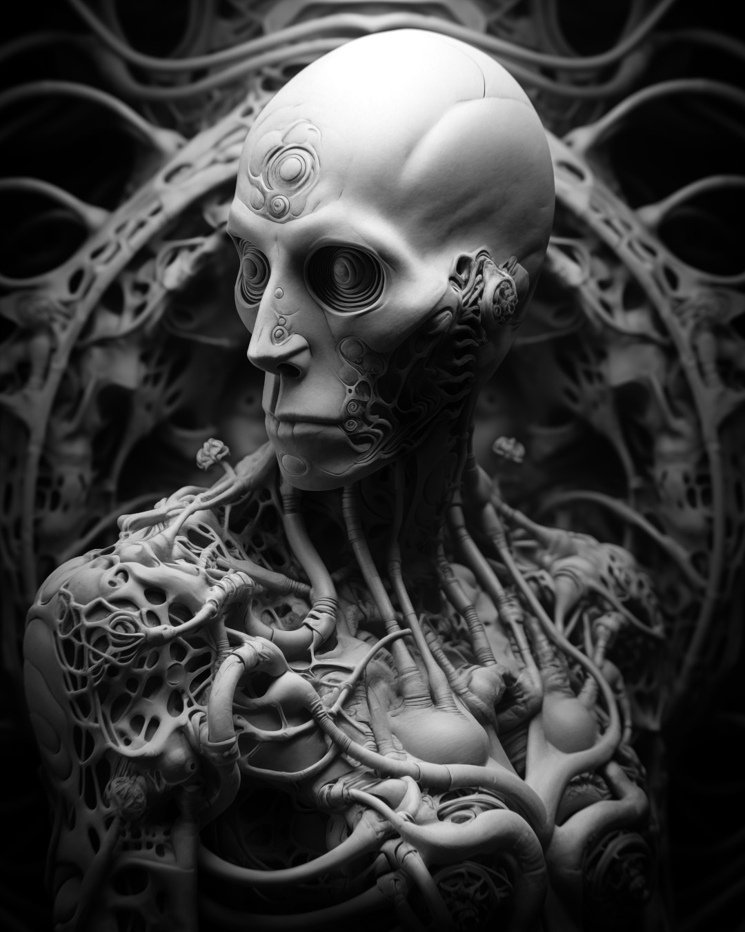 Intricate creature, organic cyberpunk realism, monochrome portrait