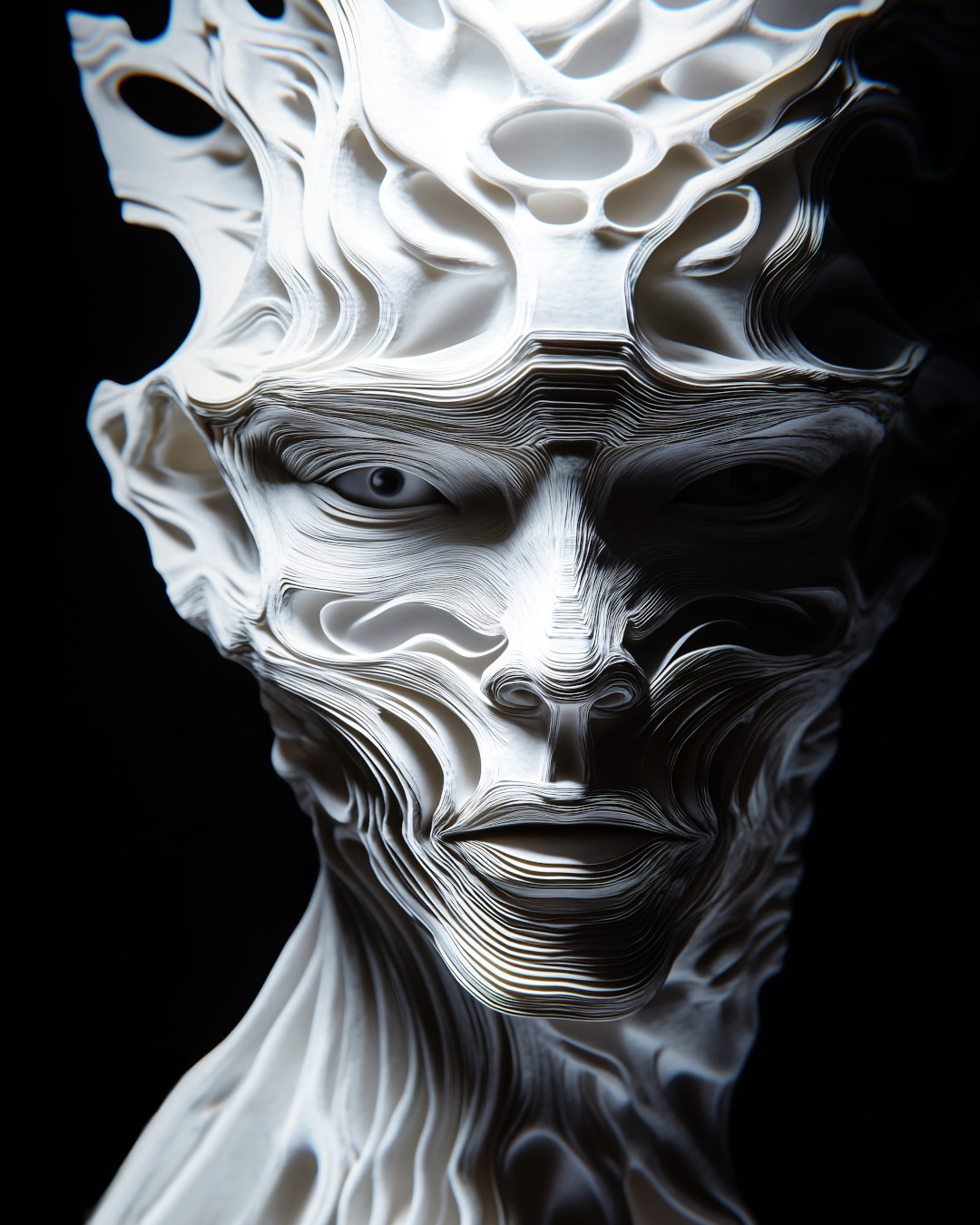 Humanoid creature; wavy patterns; symmetrical design