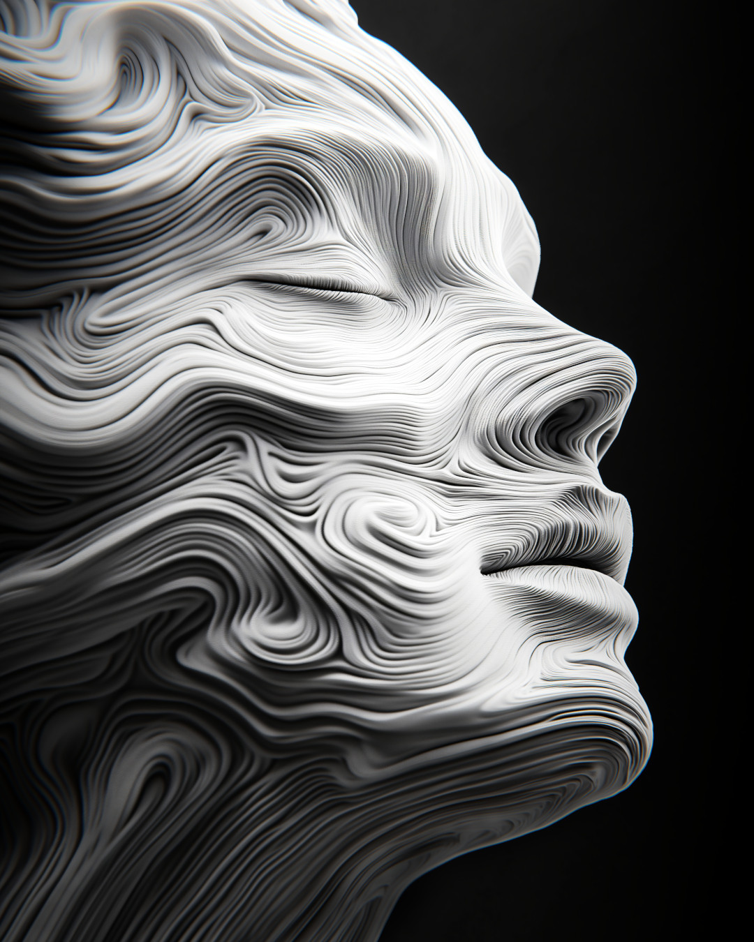 Surrealistic face; undulating waves; studio lighting