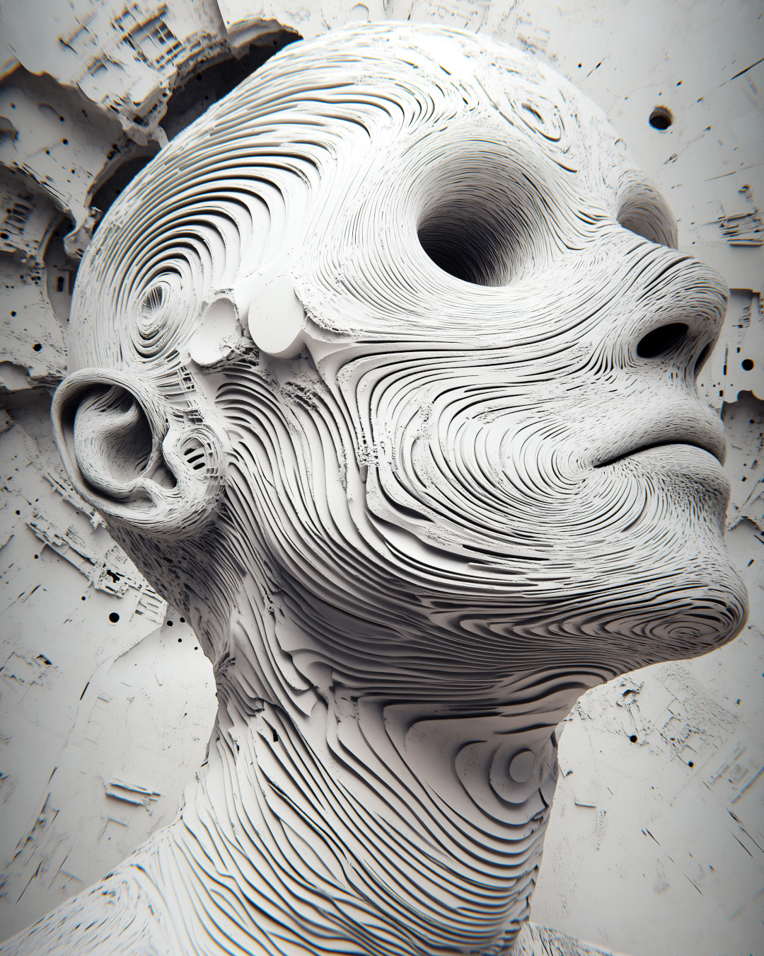 Surreal abstract character; intricate patterns; background with geometric structures