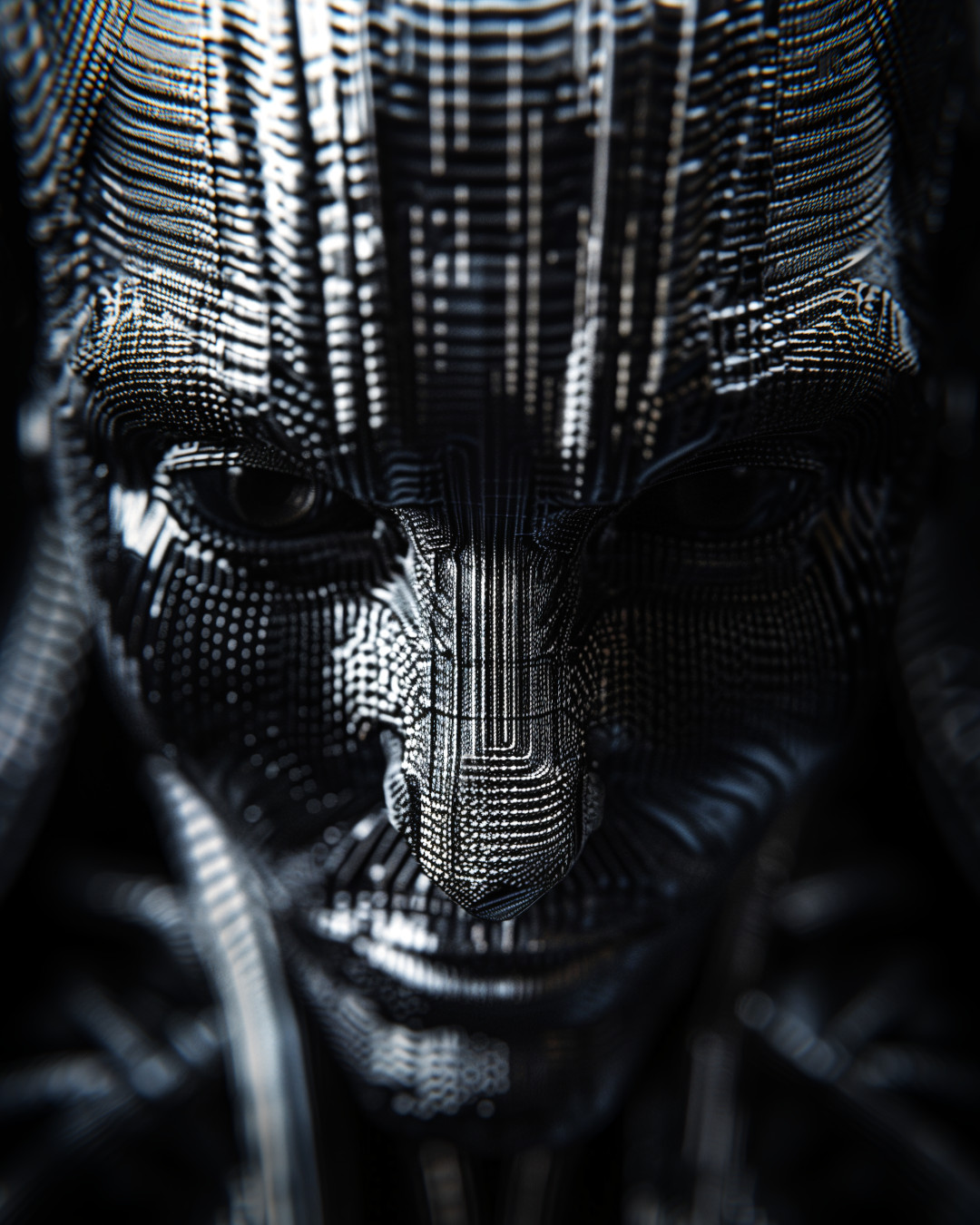 Sad alien; intricately textured skin; dark background