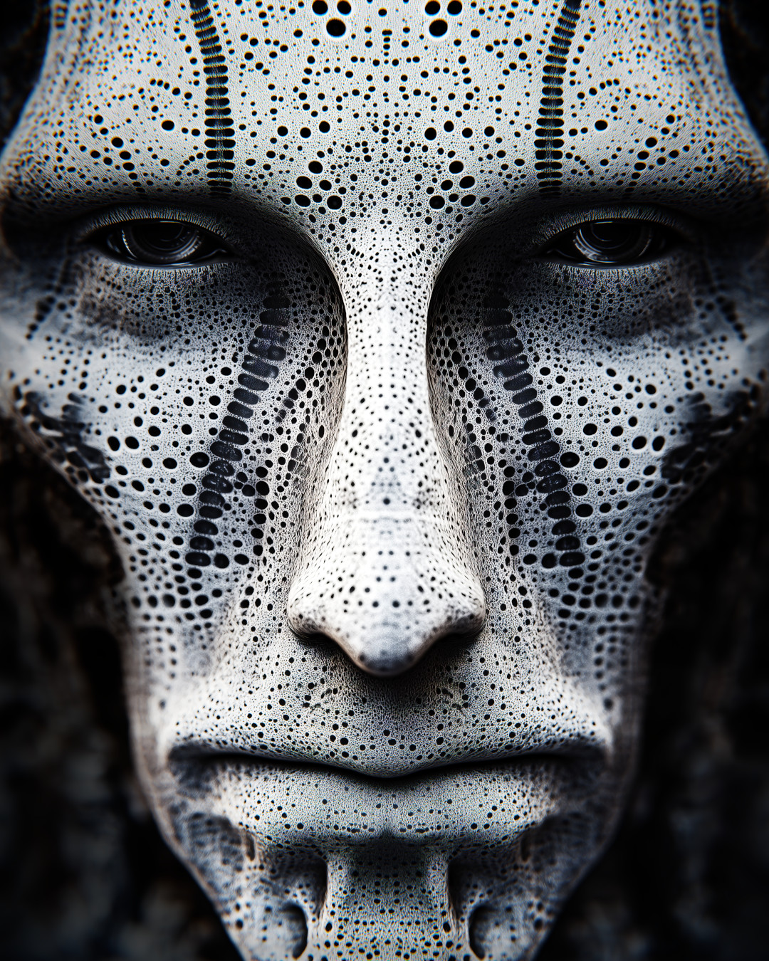 Sad alien man; skin with black dots; close-up portrait