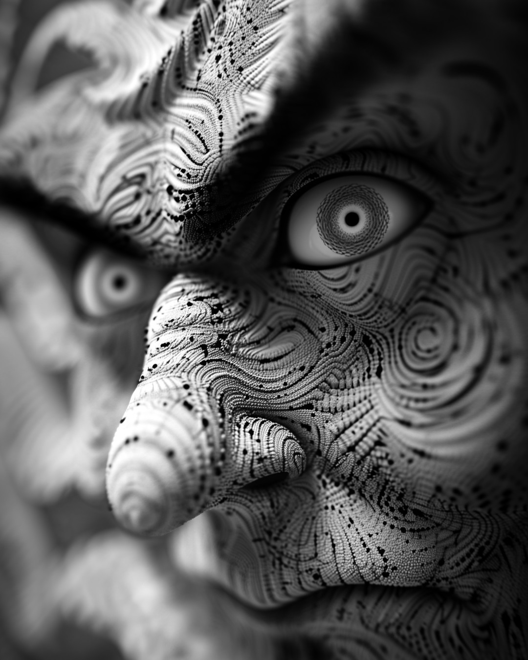 
      Scary face, spiral designs, black and grey