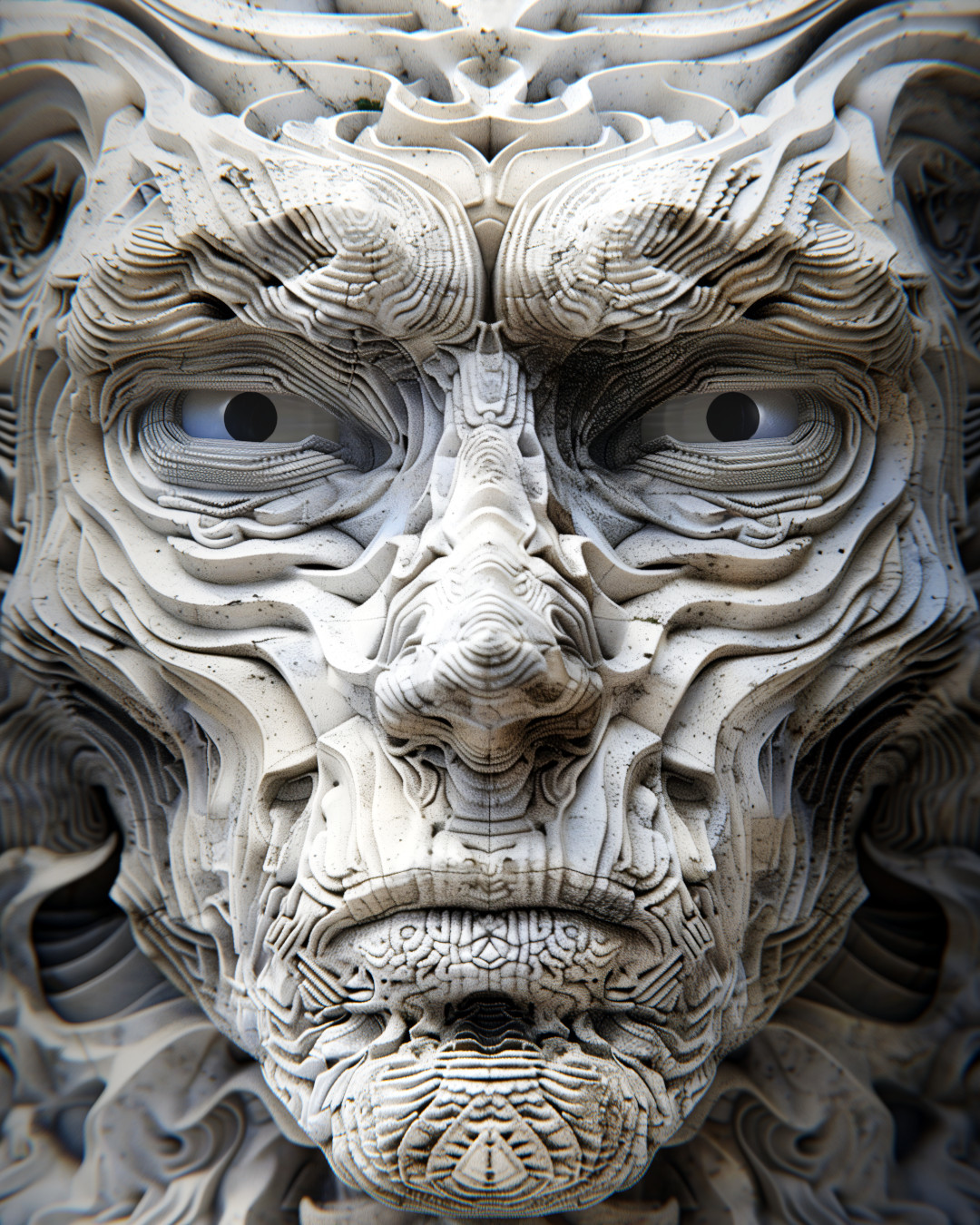 Face made from marble, intricate sculpture, symmetrical composition