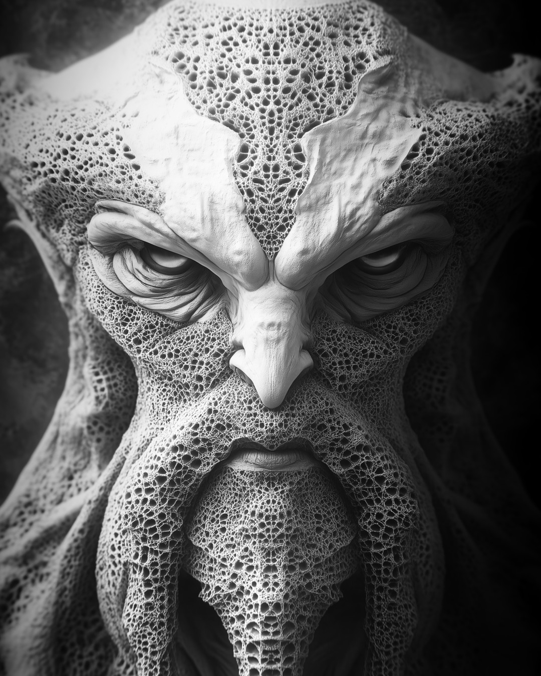 Angry, bearded alien; fantasy art; black and white