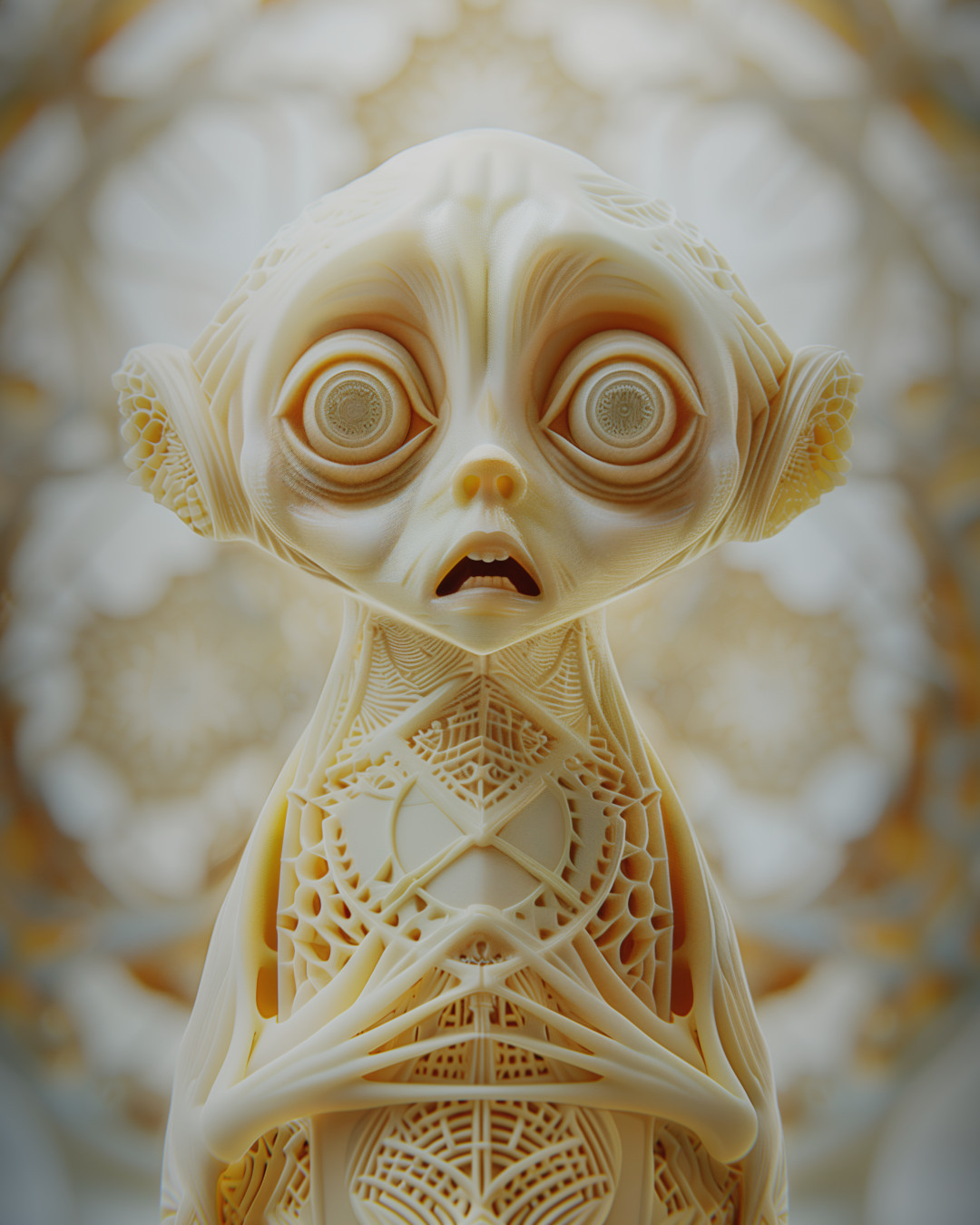 Shocked creature, intricate geometric, light beige and yellow
