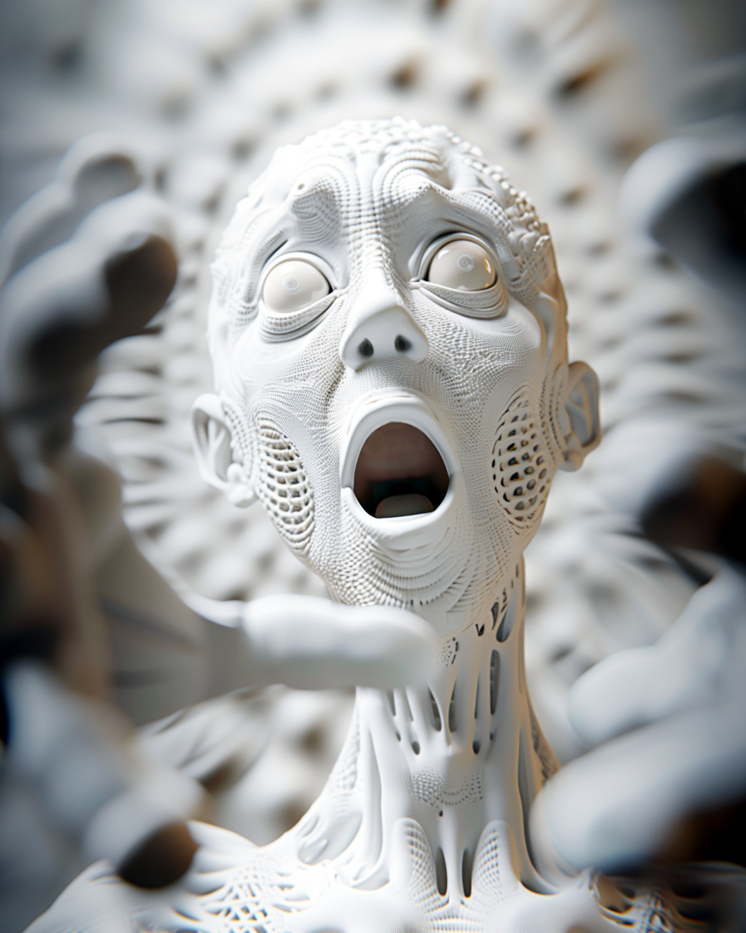 
      Shocked expression, geometric patterns, white porcelain sculpture