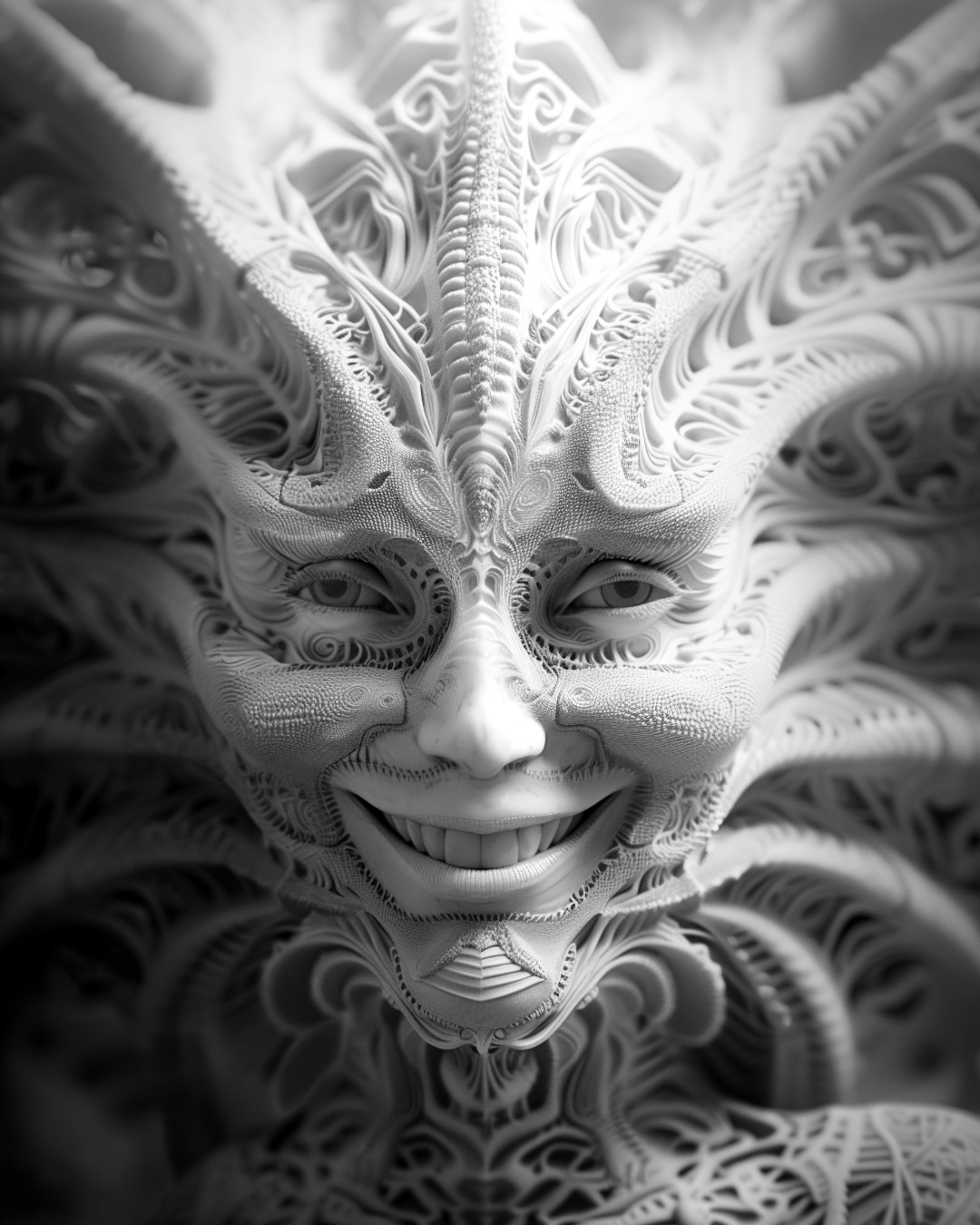 Alien smiling; intricate details; black and white