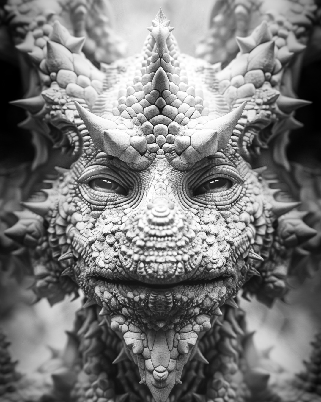 Alien dragon face; spikes and spines; grayscale