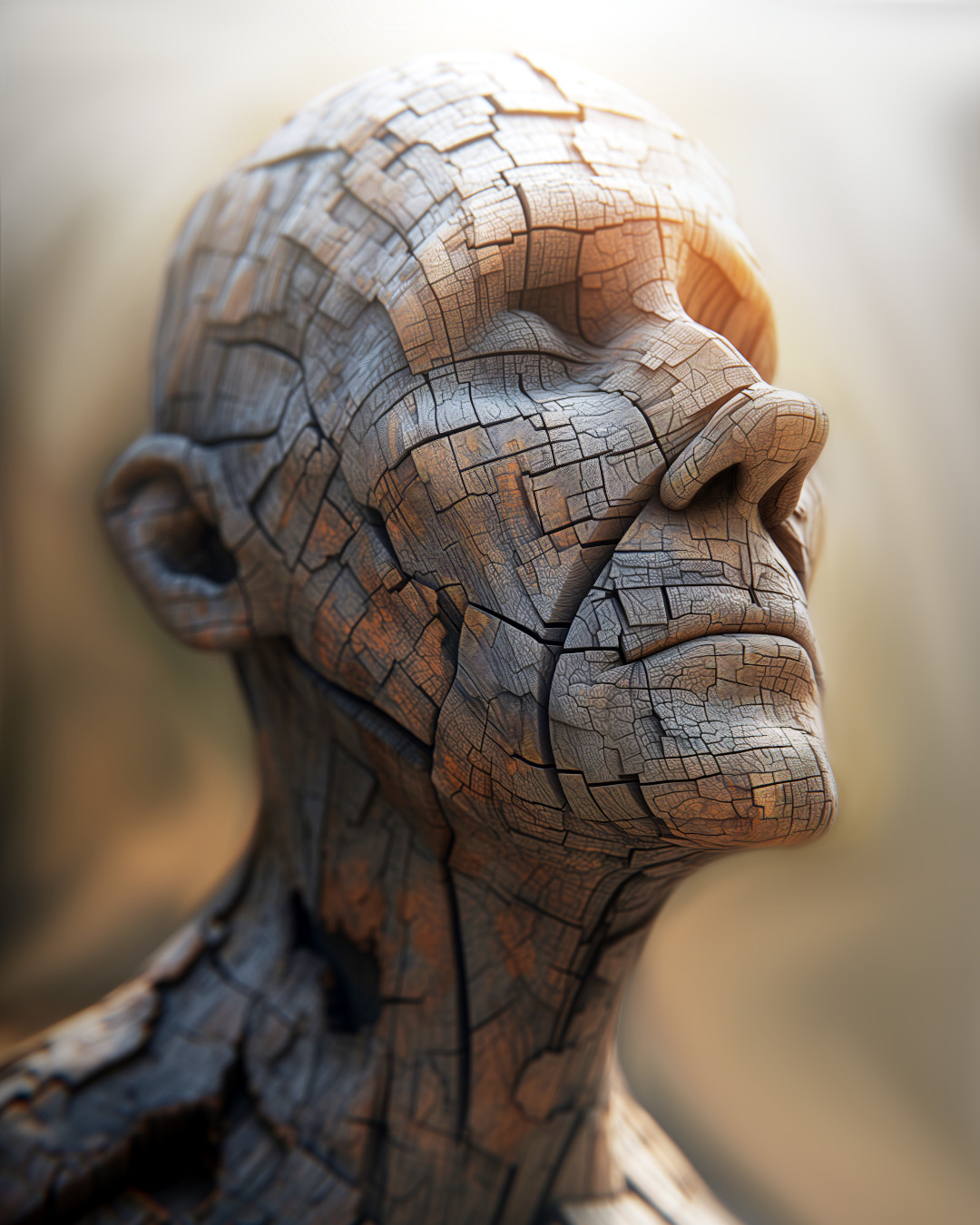 Wooden person, cracked, sunny