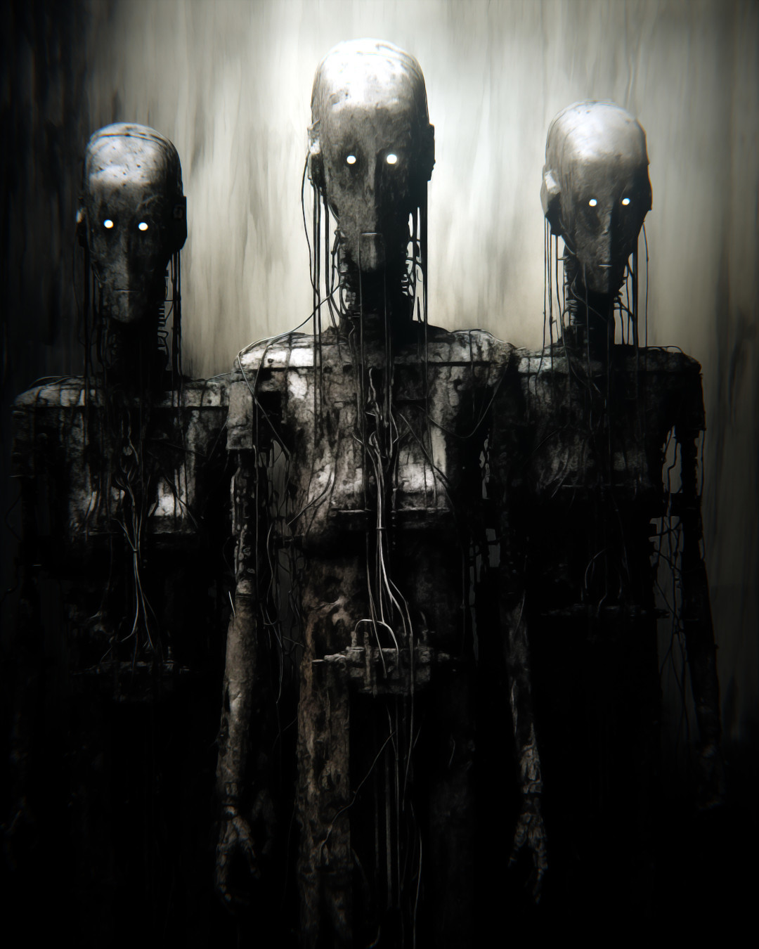 Three robots, dystopian realism, dark and ominous