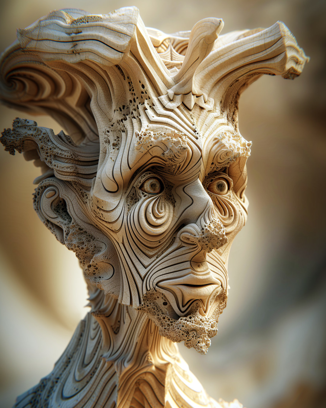 Otherworldly man, baroque portraiture, wood sculptor