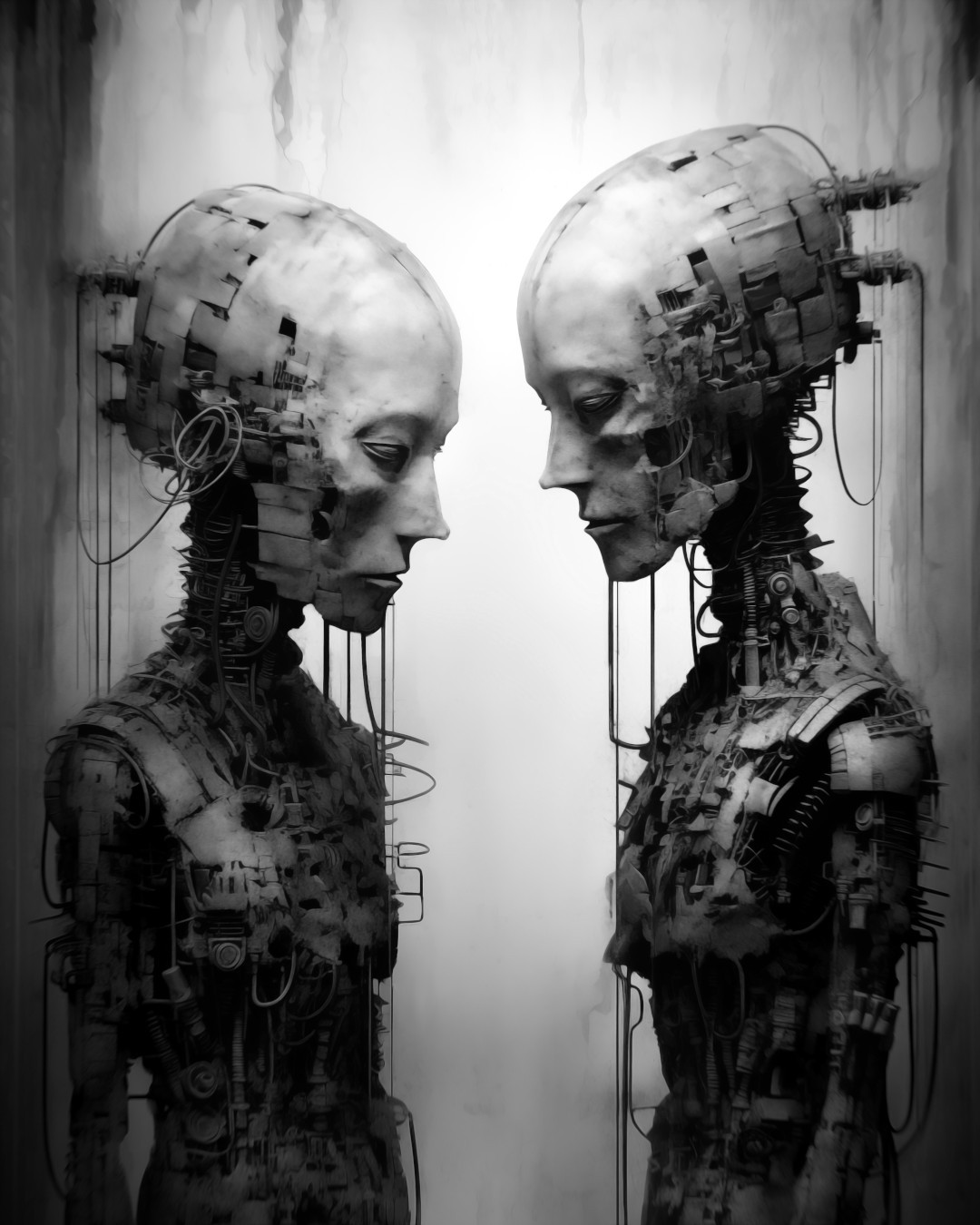 Two robot faces facing each other, cyberpunk realism, black and white intimacy