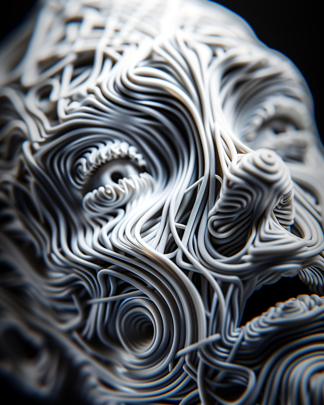 Abstract sculpture of a face; intertwined organic lines and swirls; monochromatic color palette