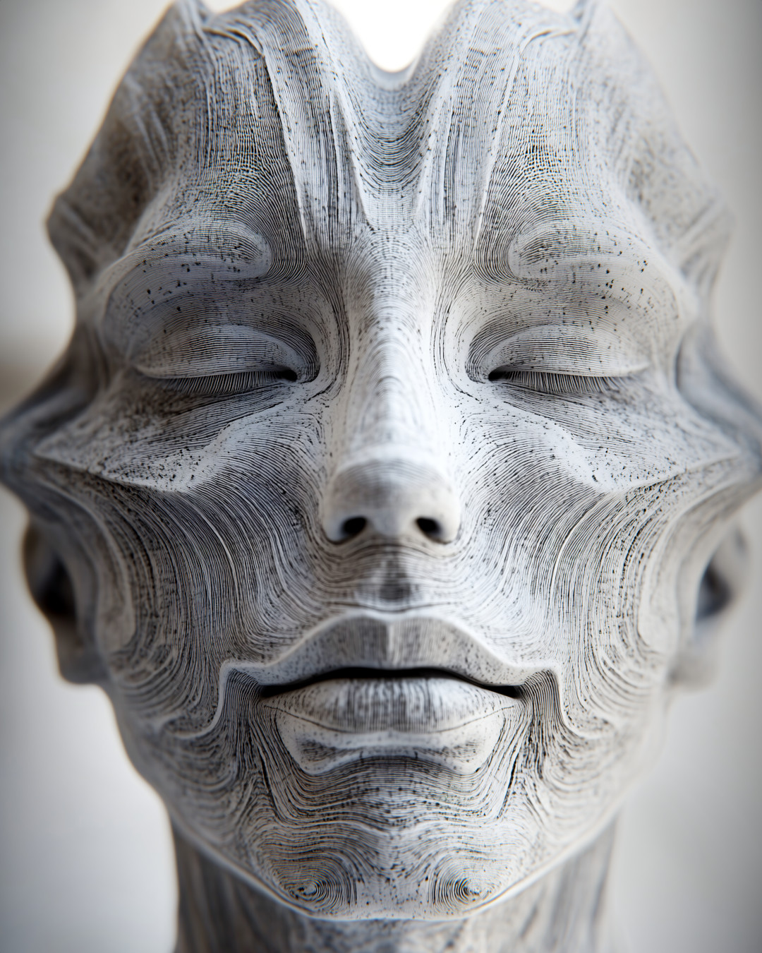 Close-up of a grey alien; symmetrical facial features; studio setting style