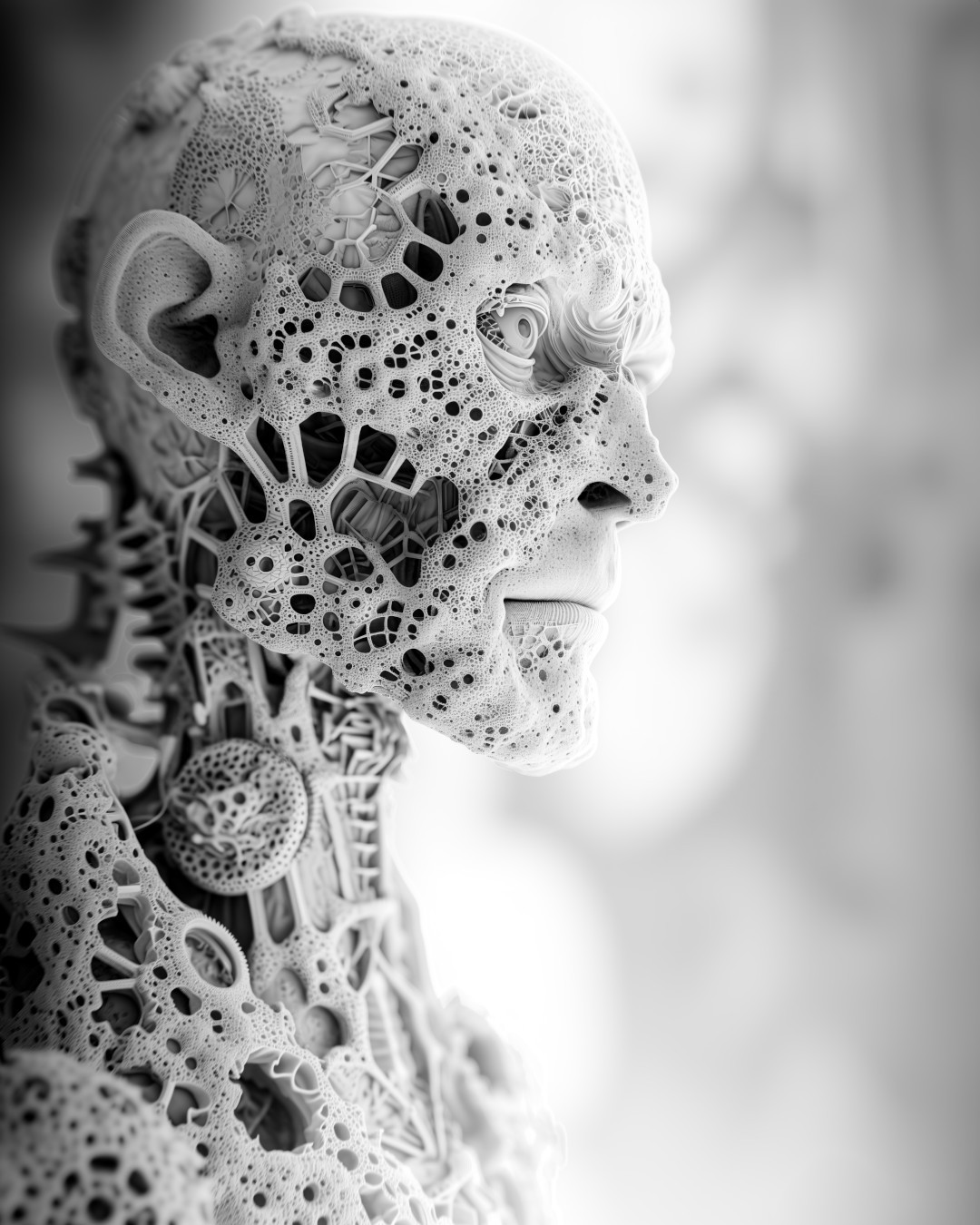 Skeletal structure, intricately detailed patterns, winter snow