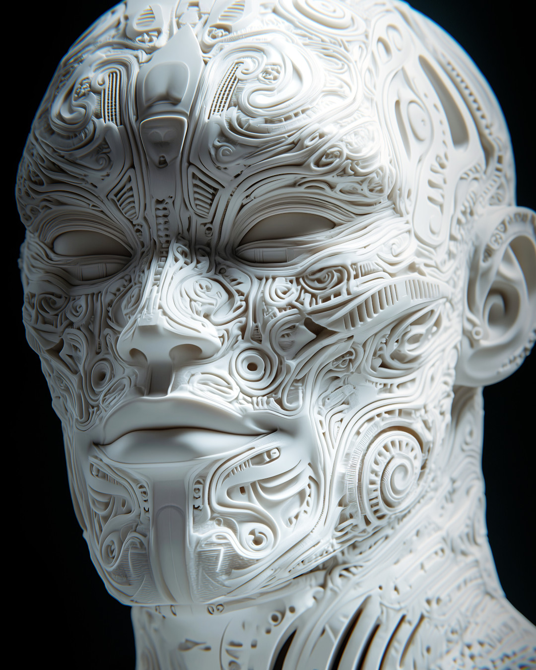 White sculpture; sci-fi alien cyborg; intricate patterns carved