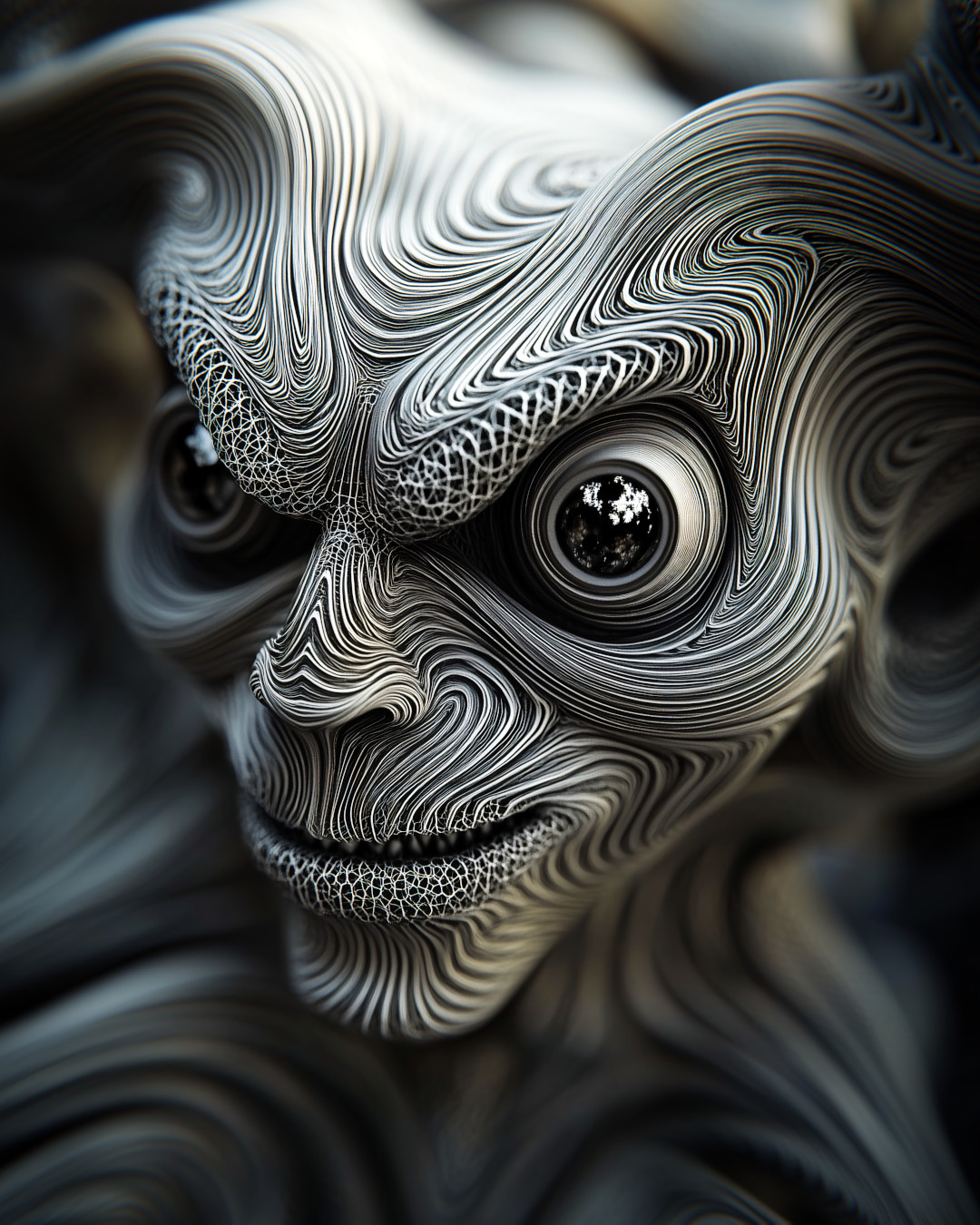 Alien goblin; swirling patterns; dark gray and silver