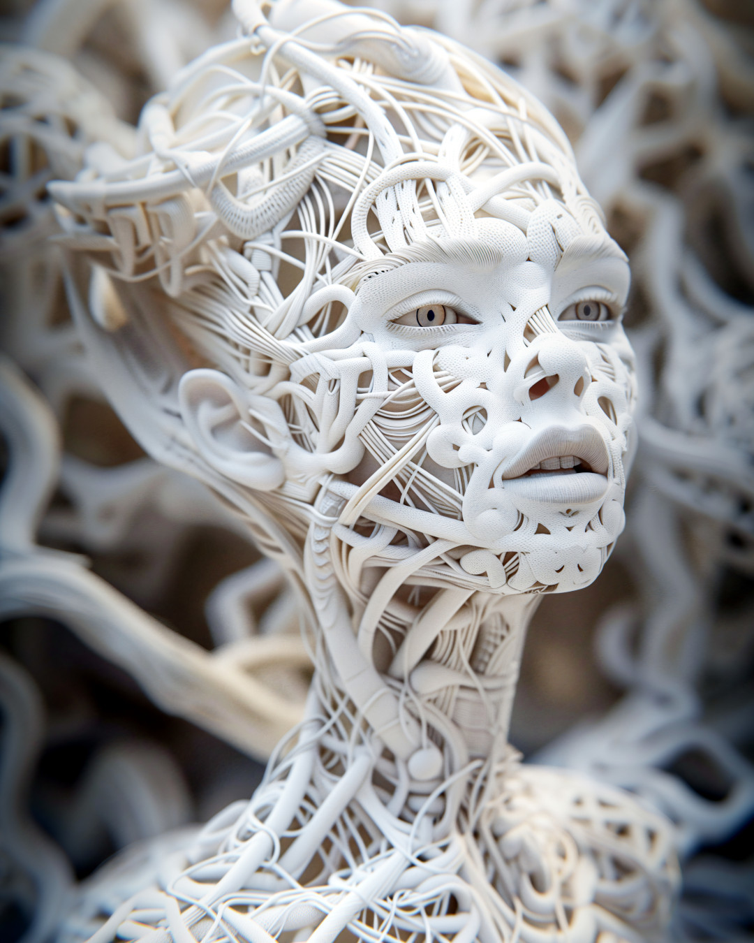 
      Humanoid figure, white vines and wires, depth of field