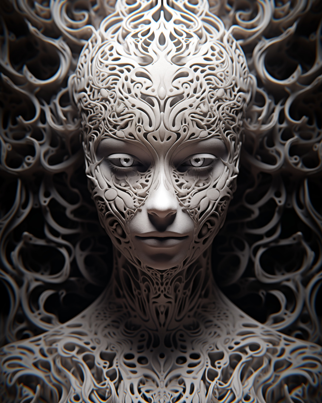 Woman in the style of ornate complexity, dark white and silver