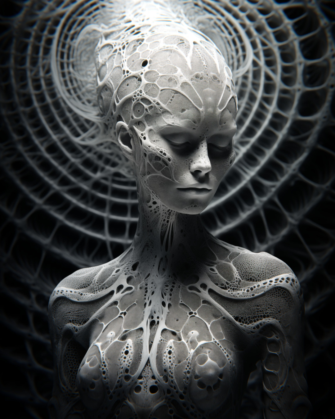 Alien woman, intricately detailed patterns, monochrome portrait